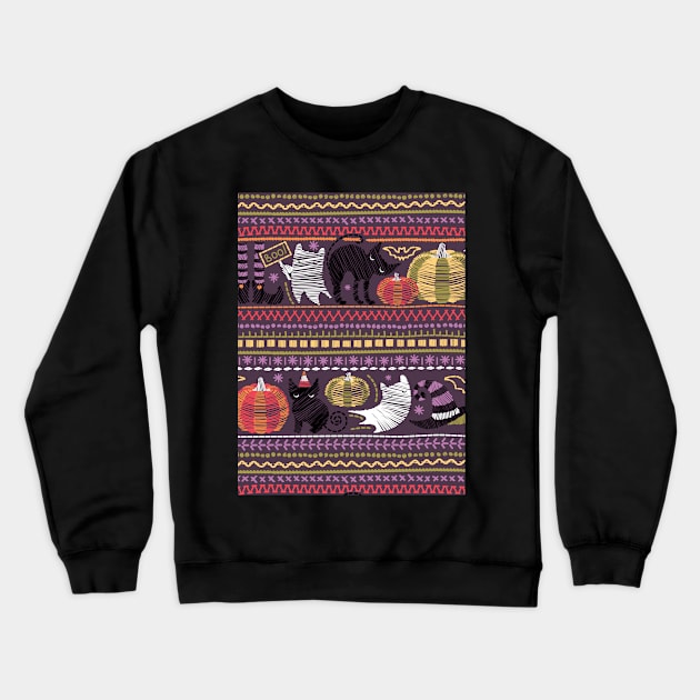 Embroidery Halloween // black cats orange and green pumpkins white ghosts and purple stitches on purple beet background Crewneck Sweatshirt by SelmaCardoso